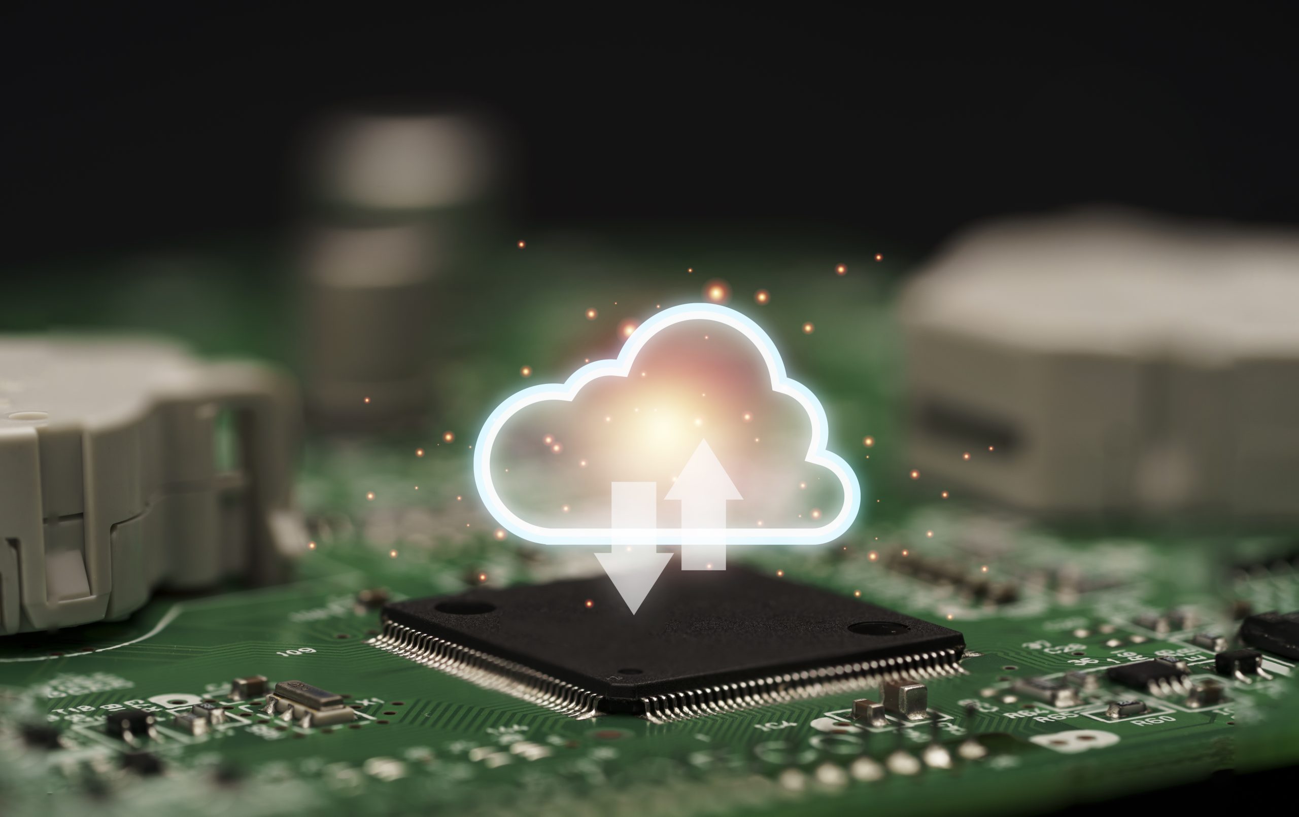 Cloud computing on electronic chip and board ,Cloud computer is system to transfer data information and upload download application. Technology transformation concept.